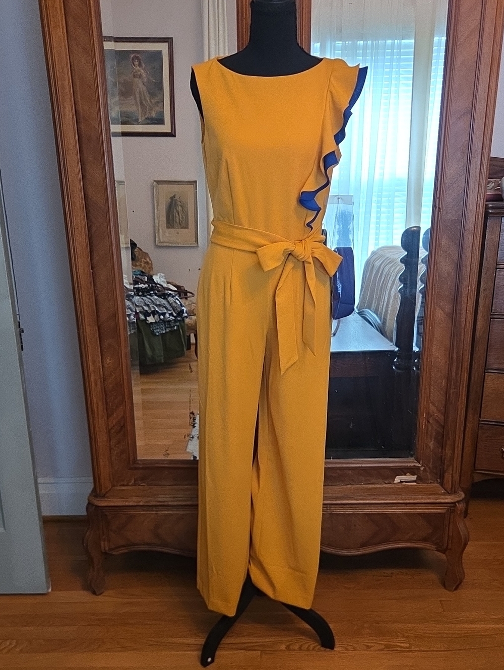 Kasper Goldenrod Wide-Leg Jumpsuit with Blue-Trim Ruffle and Waist Tie